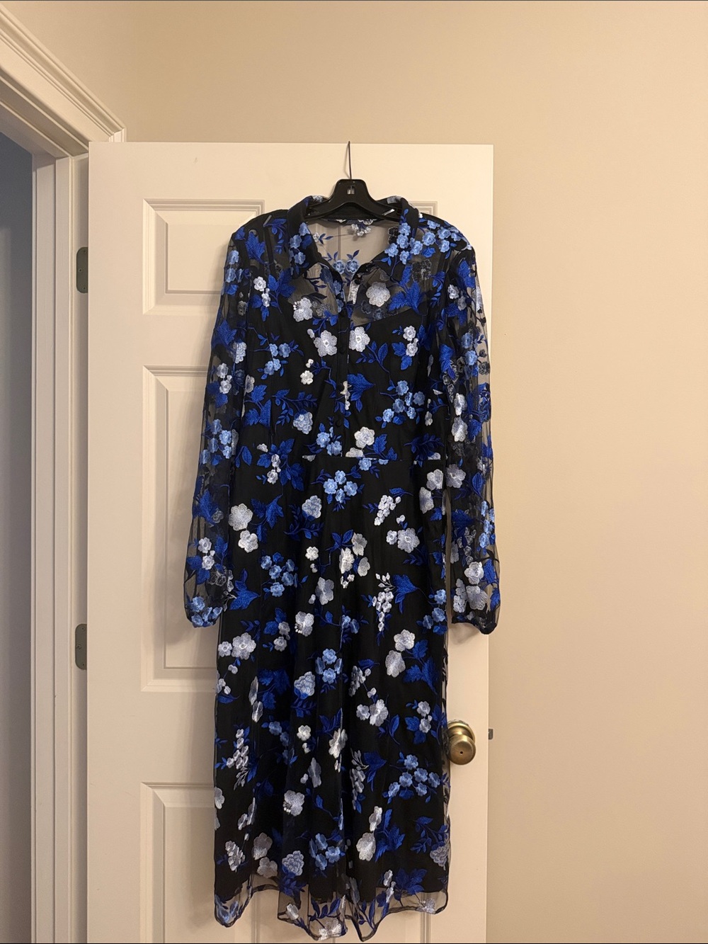 Kensie Black Dress with Blue & White Floral Embroidery